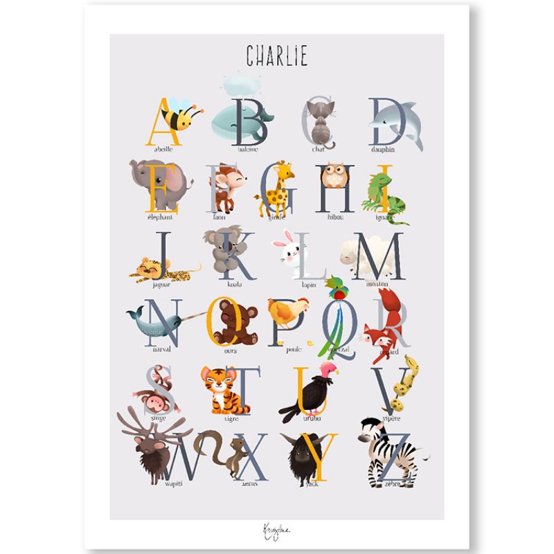 Affiche A3 abécédaire animalier jaune (personnalisable) Kanzilue
