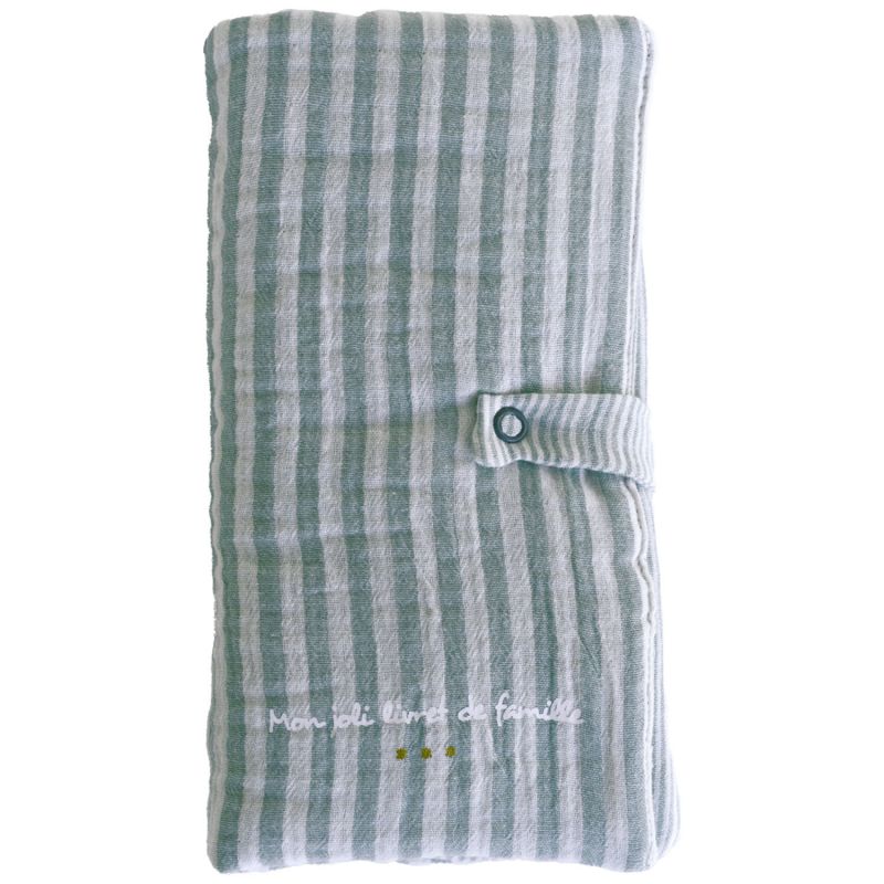 Protège-livret de famille en gaze de coton rayé vert de gris avec poche photo BB & Co Produit 1