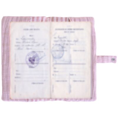 Protège-livret de famille en gaze de coton rayé vieux rose avec poche photo