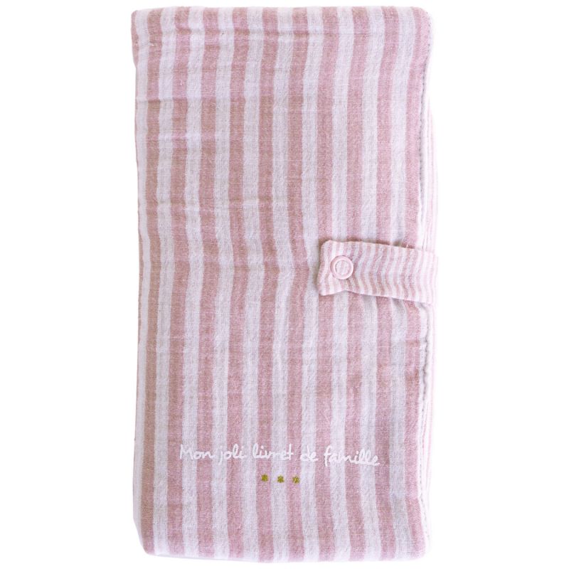 Protège-livret de famille en gaze de coton rayé vieux rose avec poche photo BB & Co Produit 1