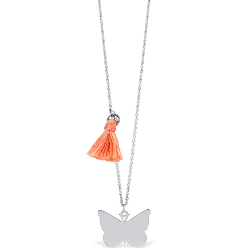 Collier avec pompom orange Nature papillon (argent 925°) Coquine