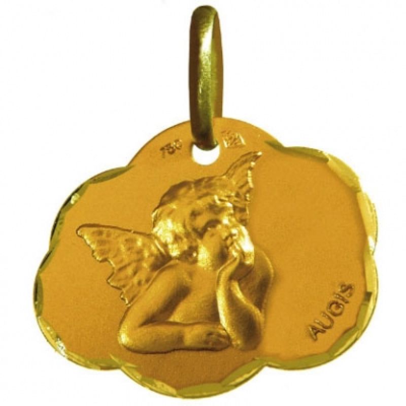 Médaille forme nuage Ange de Raphaël 16 mm satinée diamantée (or jaune 750°) Maison Augis
