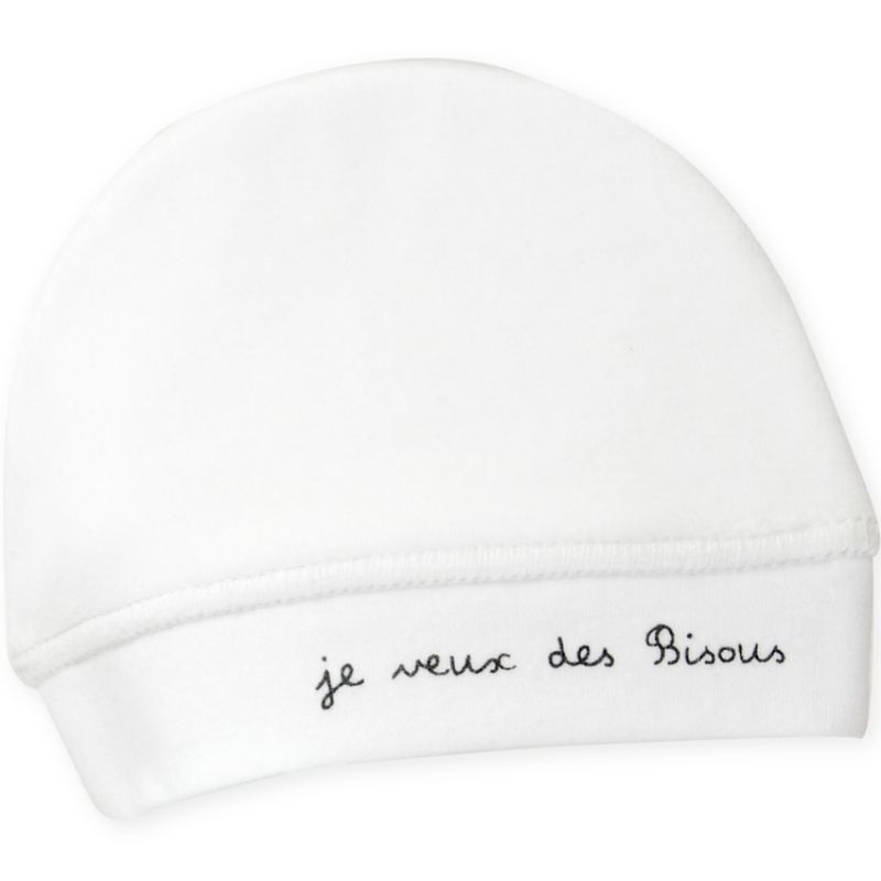 Bonnet bébé en velours blanc Je veux des bisous (0-1 mois) Trois Kilos Sept