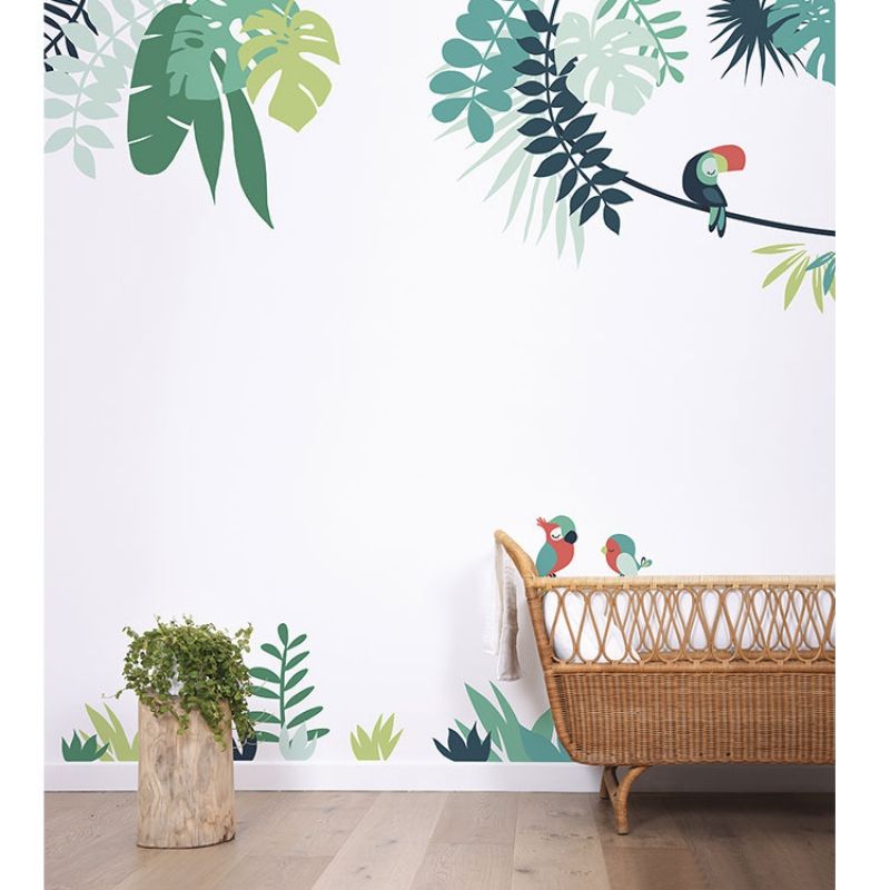 Grand sticker feuilles tropicales tête perroquet à droite (119 x 121 cm) Lilipinso