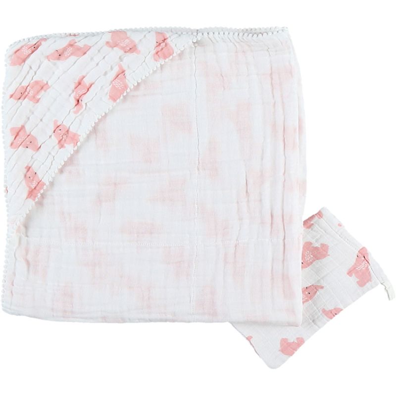 Cape de bain + gant en mousseline de coton Eléphant rose (75 x 75 cm) Noukie's