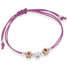 Bracelet cordon magenta 2 cubes fille 1 cube coeur (or rose 375° et argent 925°)  par leBebé