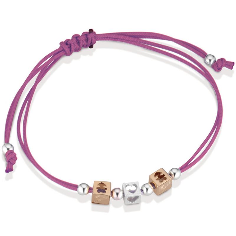 Bracelet cordon magenta 2 cubes fille 1 cube coeur (or rose 375° et argent 925°) leBebé