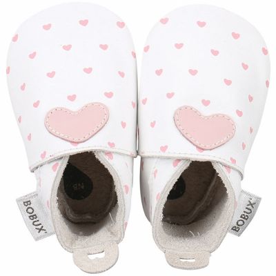 Chaussons en cuir Soft soles white blossom hearts print (0-3 mois)  par Bobux
