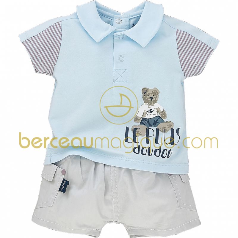 Ensemble polo et short ''Le plus doudou'' Aquarelle bleue (1 mois au 12 mois) Sucre d'orge