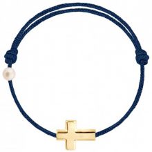 Bracelet cordon Croix et perle bleu marine (or jaune 750°)  par Claverin