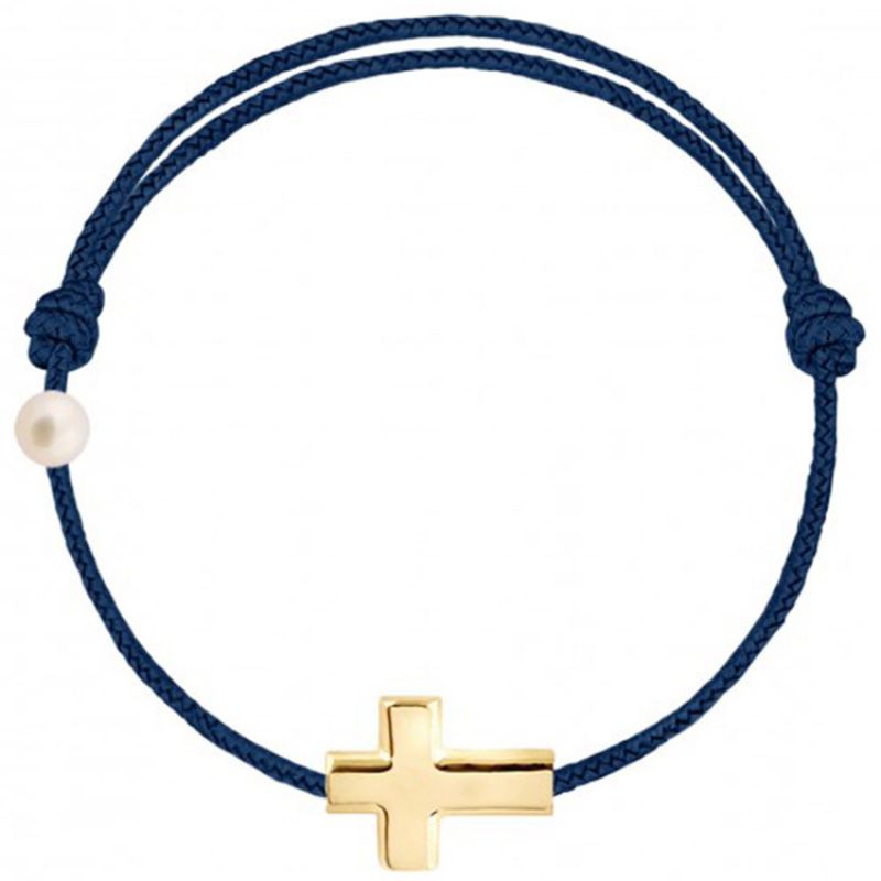 Bracelet cordon Croix et perle bleu marine (or jaune 750°) Claverin