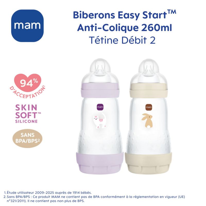 2 biberons Easy Start anti-colique 260ml Lilas+Sable Tétine débit 2 MAM Produit 9