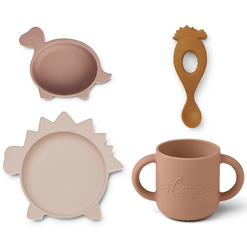 Coffret repas en silicone Vivi Dino rose et moutarde (4 pièces) Liewood
