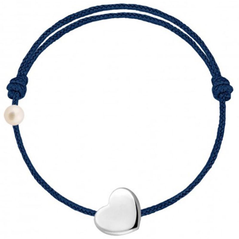 Bracelet cordon Coeur et perle bleu marine (or blanc 750°) Claverin