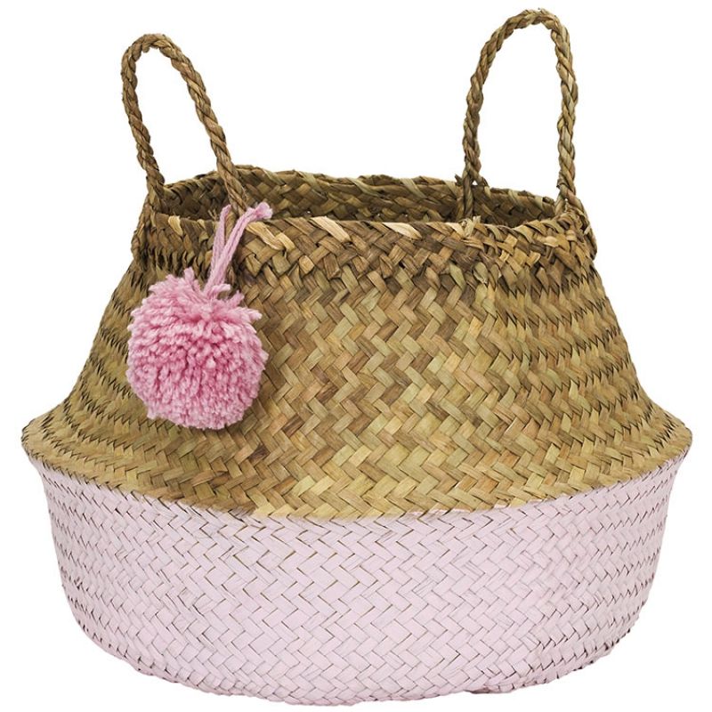 Panier de rangement pompon nature et rose (diamètre 45 cm) Kids Depot