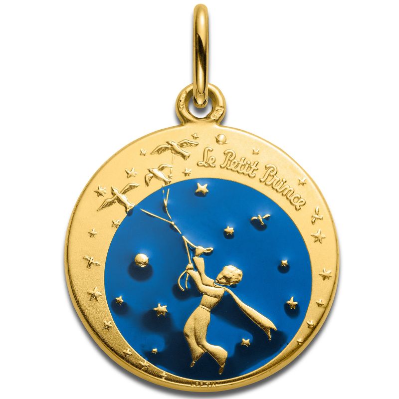 Médaille Le Petit Prince et les oiseaux en couleur 18 mm (or jaune 750°) Monnaie de Paris