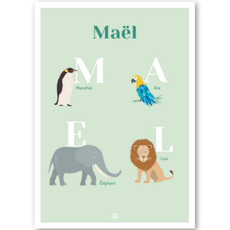 Affiche A3 abécédaire animaux vert (personnalisable) Papier curieux