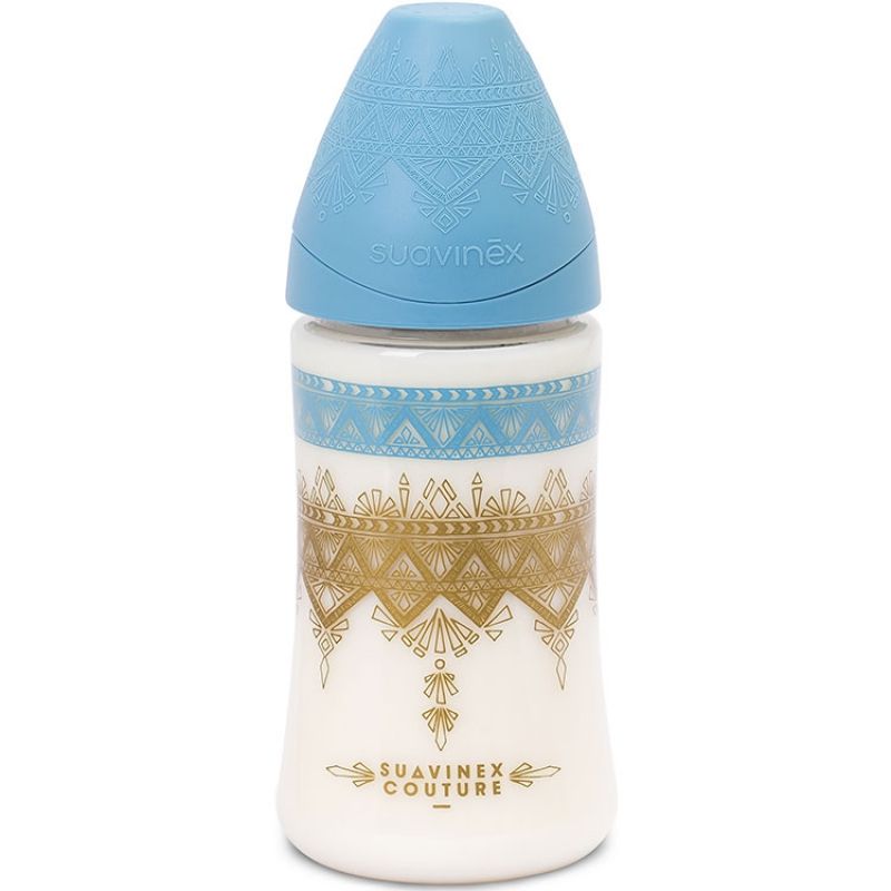 Biberon Couture Ethnic 3 vitesses bleu et doré (270 ml) Suavinex