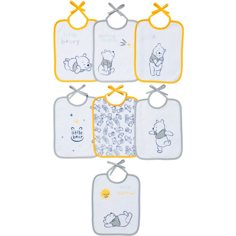 Lot de 7 bavoirs à nouer Winnie l'ourson jaune et gris Babycalin
