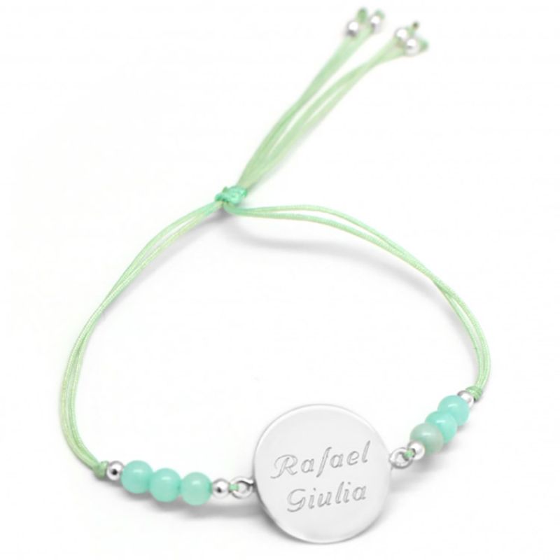 Bracelet cordon Rainbow Médaille vert d'eau personnalisable (argent 925°) Petits trésors
