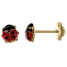 Boucles D'Oreilles Coccinelle Or 375 9 Carats Pour Fille - Miore Clous D'Oreilles Enfant Hypoallergéniques 7x6.5mm Avec Émail Rouge Et Noir