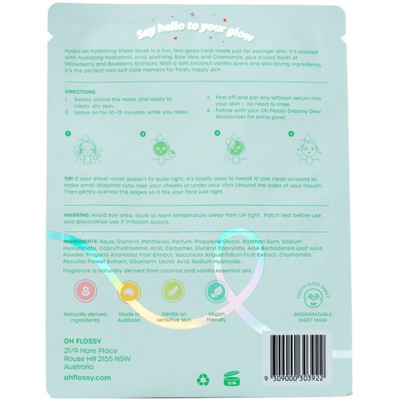Masque hydratant pour adolescent à la noix de Coco Hydra Hit Oh Flossy Packaging 3
