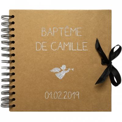 Album photo baptême personnalisable kraft et argent (20 x 20 cm)
