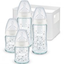 Coffret de naissance casier et 4 biberons en verre bleus (120 et 240 ml)  par NUK