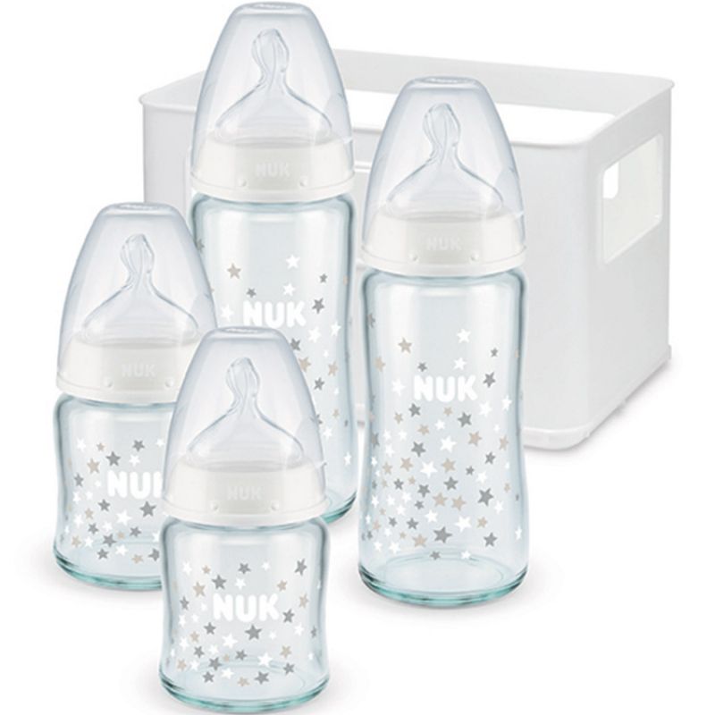 Coffret de naissance casier et 4 biberons en verre bleus (120 et 240 ml) NUK