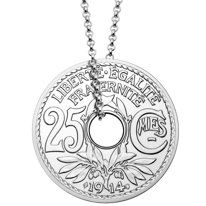 Collier chaîne 55 cm médaille 25 centimes 35 mm recto verso (argent 925°) Monnaie de Paris