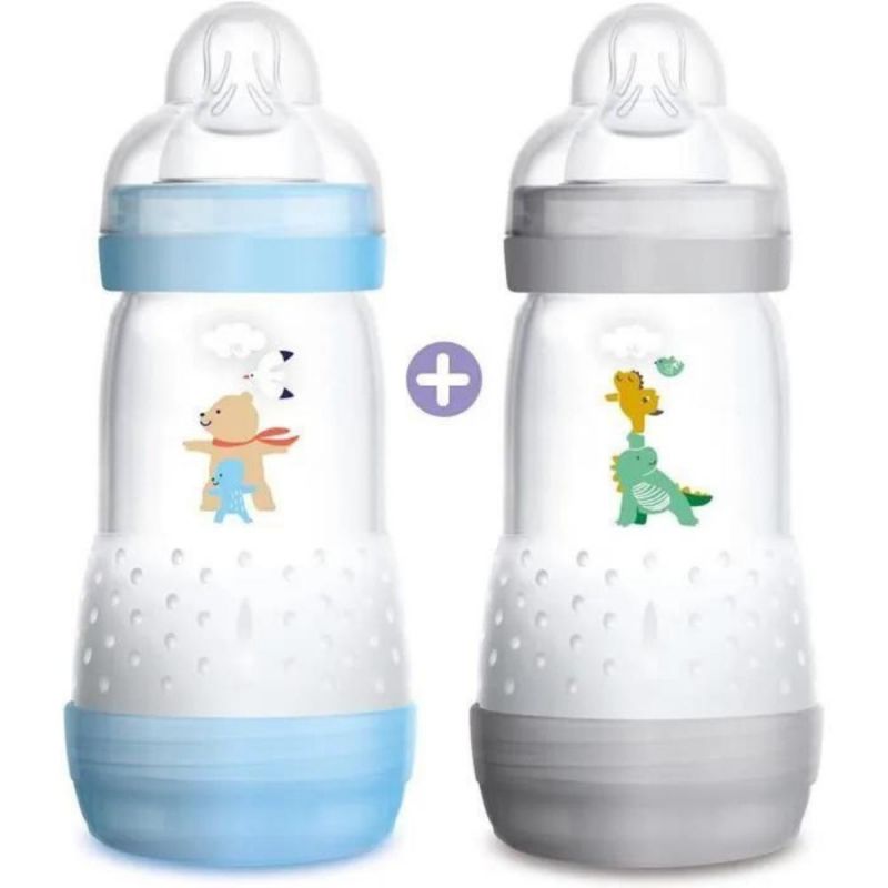Lot de 2 biberons anti-colique bleu et gris Easy Start - débit 2 moyen (260 ml) MAM