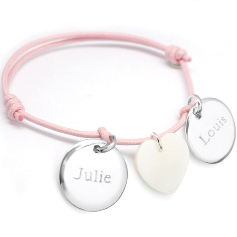 Bracelet cordon Petits Trésors médaille et coeur (argent 925° et nacre) Petits trésors