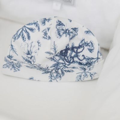 Bonnet de naissance Toile de Jouy bleu
