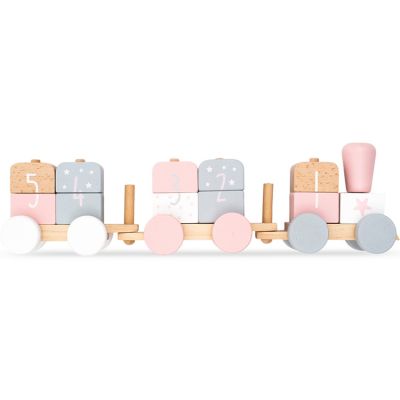 Train De Construction En Bois Rose Et Blanc Jollein
