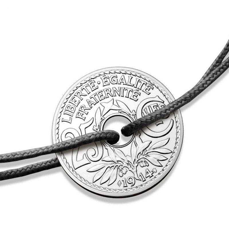 Bracelet cordon noir médaille 25 centimes 20 mm (argent 950°) Monnaie de Paris