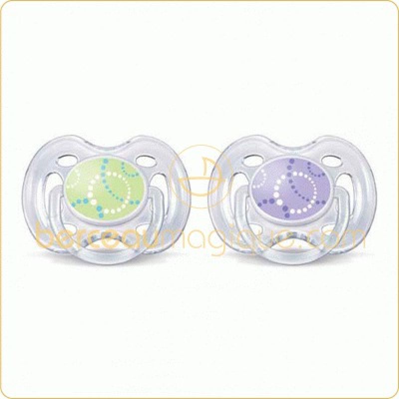 Lot de 2 sucettes aérées tendance 0-6 mois (verte et violette) Philips AVENT