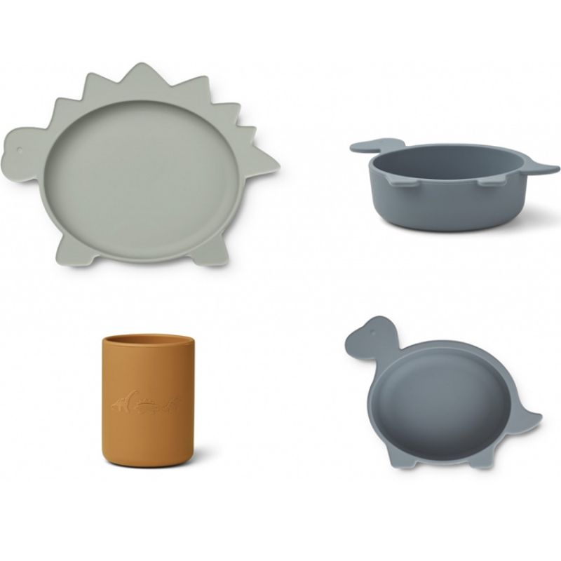 Coffret repas en silicone Cyrus Dino blue multi mix (3 pièces) Liewood