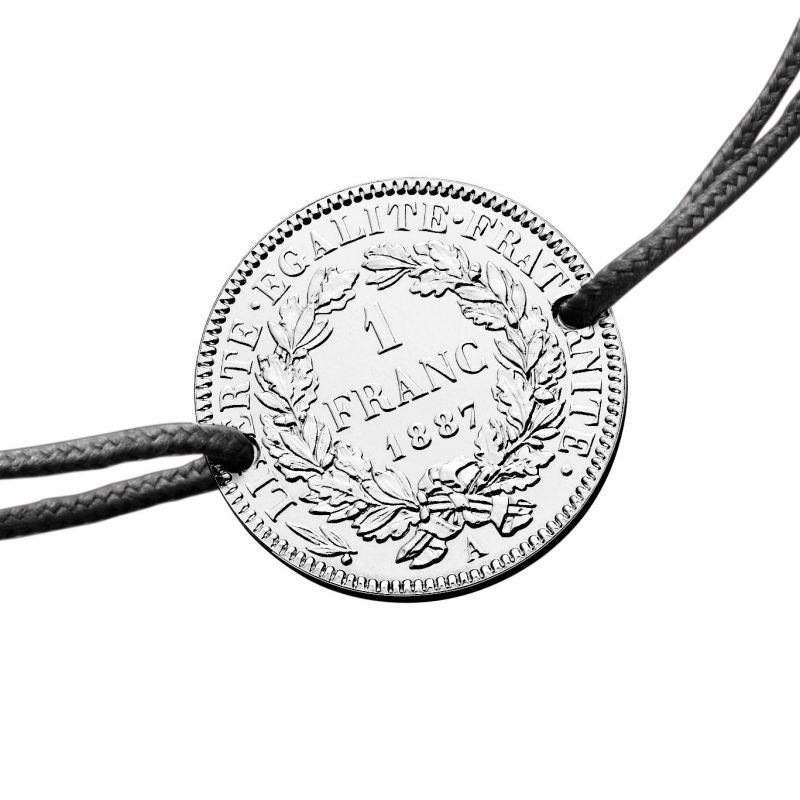 Bracelet cordon noir médaille 1 franc 1887 23 mm (argent 950°) Monnaie de Paris