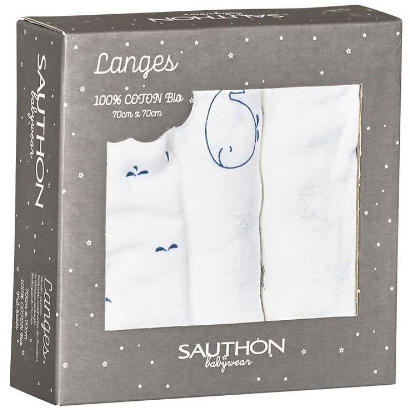 Lot de 3 langes en coton bio Blue baleine (70 x 70 cm) Sauthon