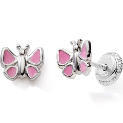 Baby bijoux - Boucles d'oreilles Easy Viss Papillon laqué rose (argent 925)