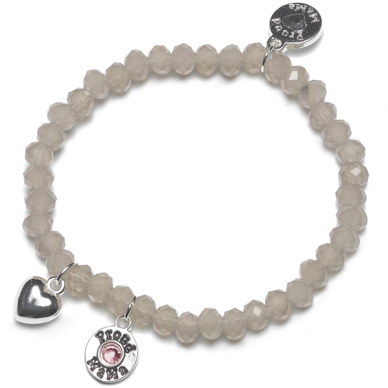 Bracelet Charm coeur perles taupe clair charm rose Proud MaMa