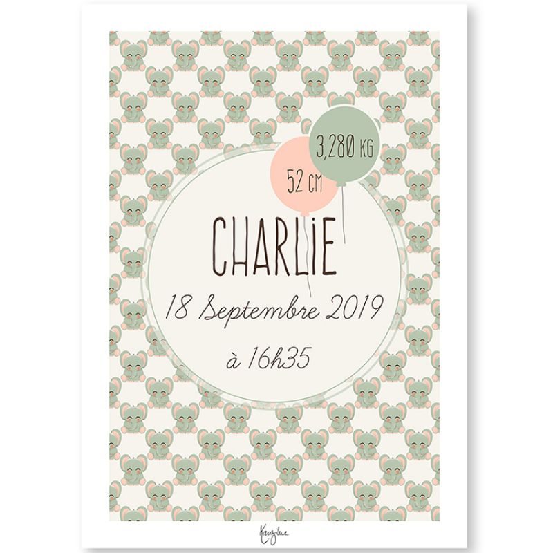 Affiche de naissance A3 Les Animignons Eléphant (personnalisable) Kanzilue