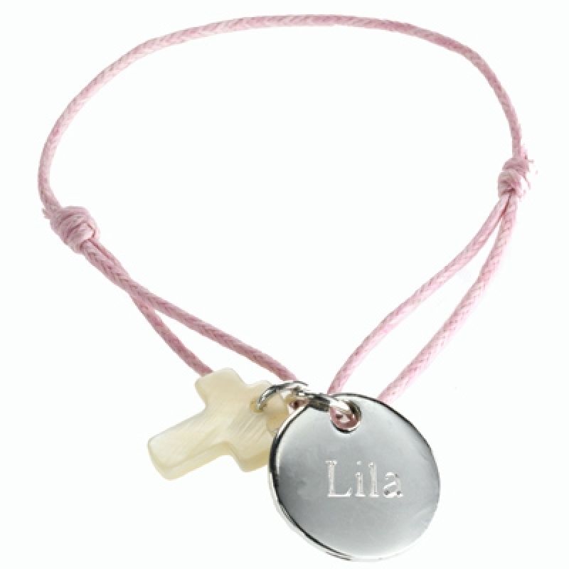 Bracelet cordon Kids médaille de croix (argent 925° et nacre) Petits trésors