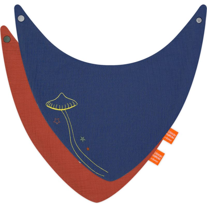 Lot de 2 bavoirs bandanas Nomade Renard Bleu marine et brique (personnalisable) L'oiseau bateau