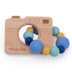 Hochet anneau de dentition bois et silicone appareil photo Puce et Pilou - Moulin Roty