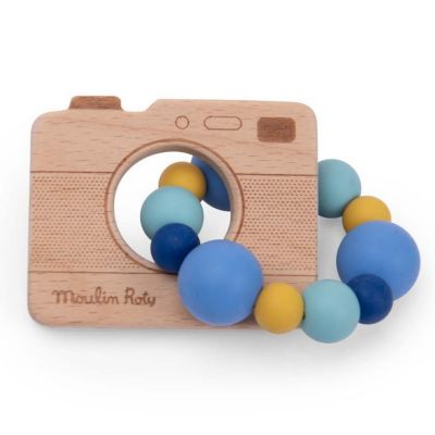 Hochet anneau de dentition bois et silicone appareil photo Puce et Pilou