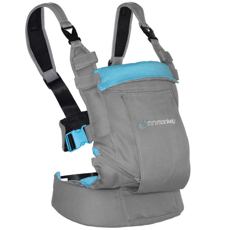 Porte bébé ventral et dorsal Dynamic gris clair et turquoise Minimonkey