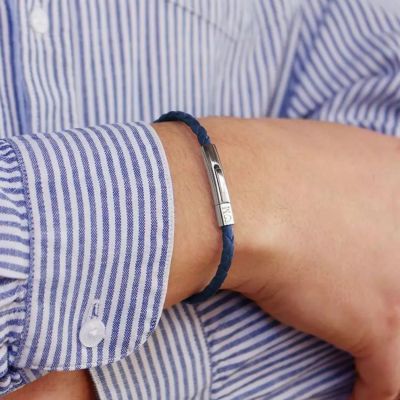 Bracelet papa tressé cuir Bleu (personnalisable)