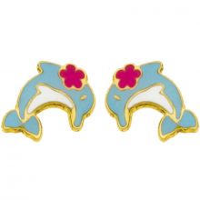 Boucles d'oreilles Petit dauphin et fleur rose (or jaune 750°)  par Berceau magique bijoux
