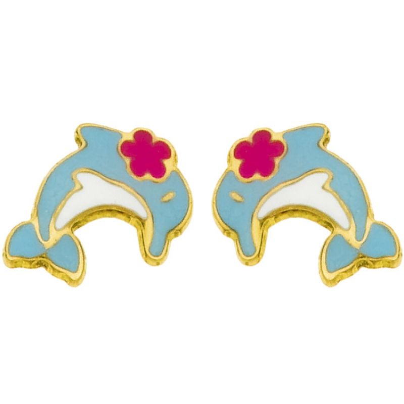 Boucles d'oreilles Petit dauphin et fleur rose (or jaune 750°) Berceau magique bijoux